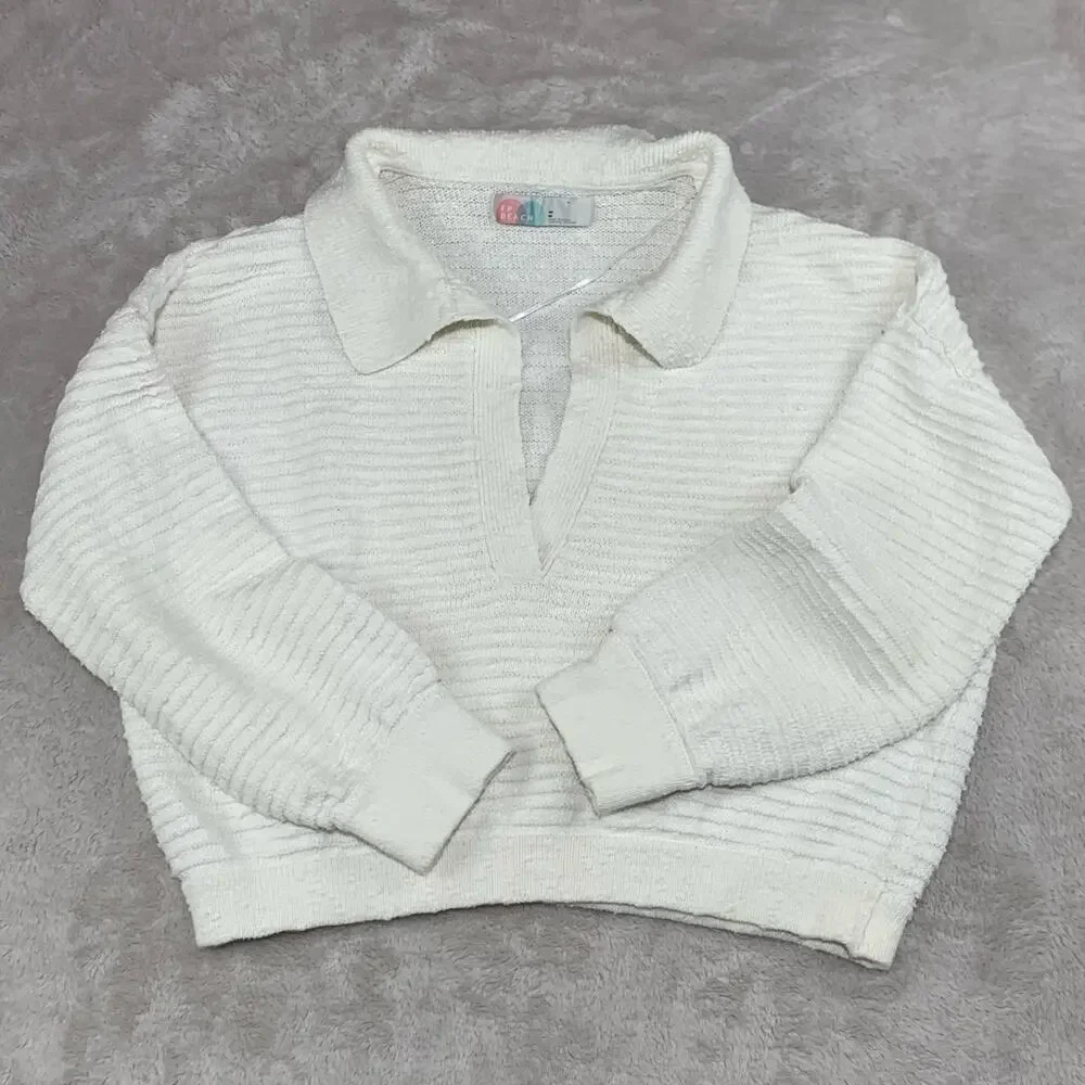 Free People FP Beach Carter Sweater sz Medium Ivory White Coastal Collar Plunge